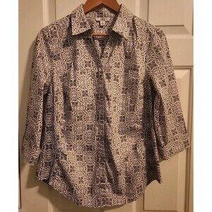 NWOT Croft  Barrow Womens Geo XS Button Up Top Collar Black White 3/4 Sleeve